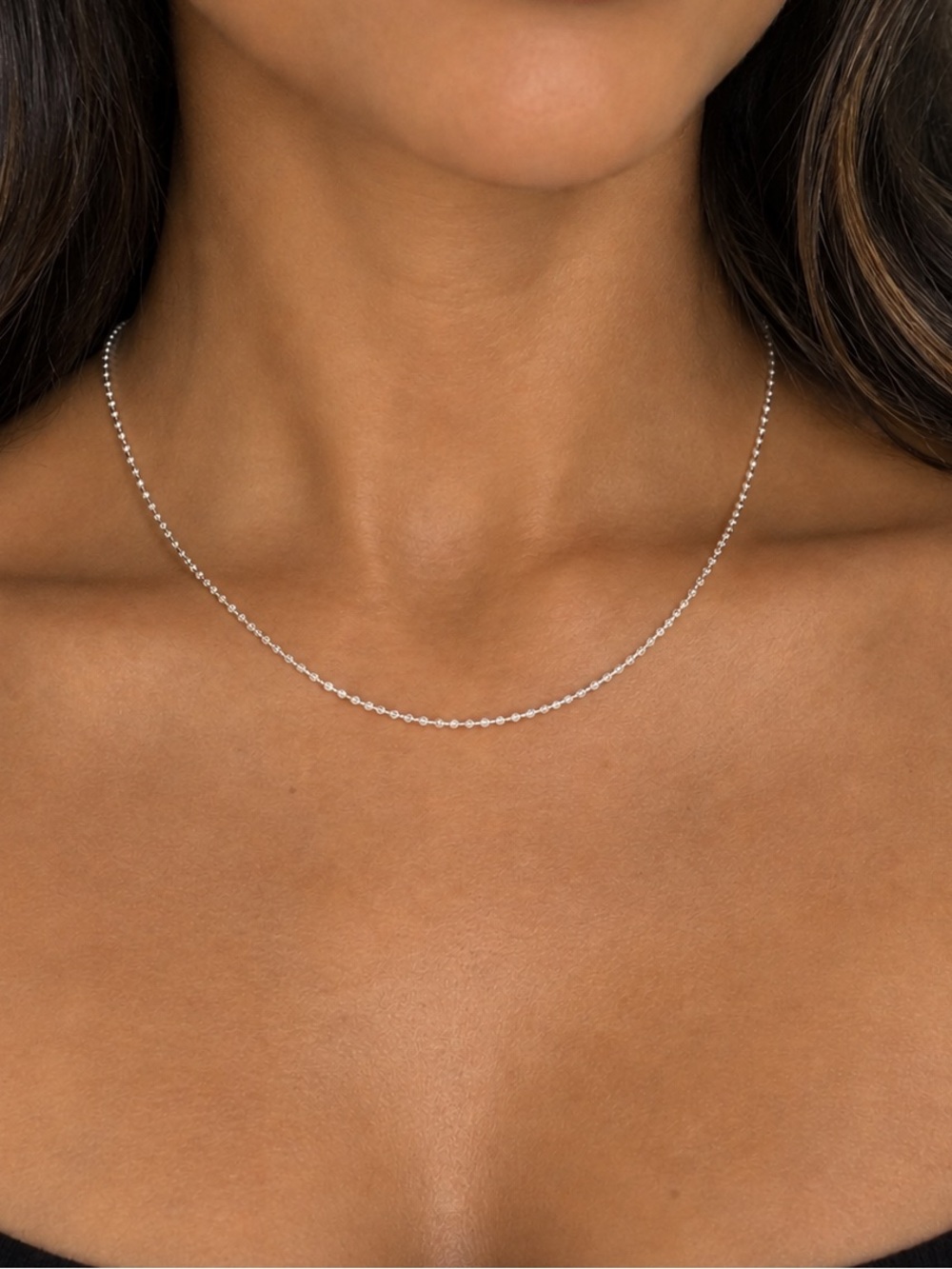 Dainty Beaded Sterling Silver Necklace Chain 16”